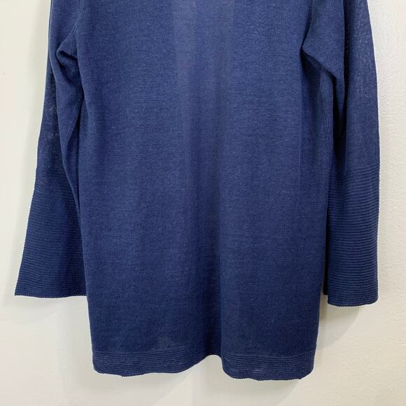 Eileen Fisher Open Cardigan 100% Organic Linen sz Medium Dark Indigo Bell Sleeve - Picture 7 of 12